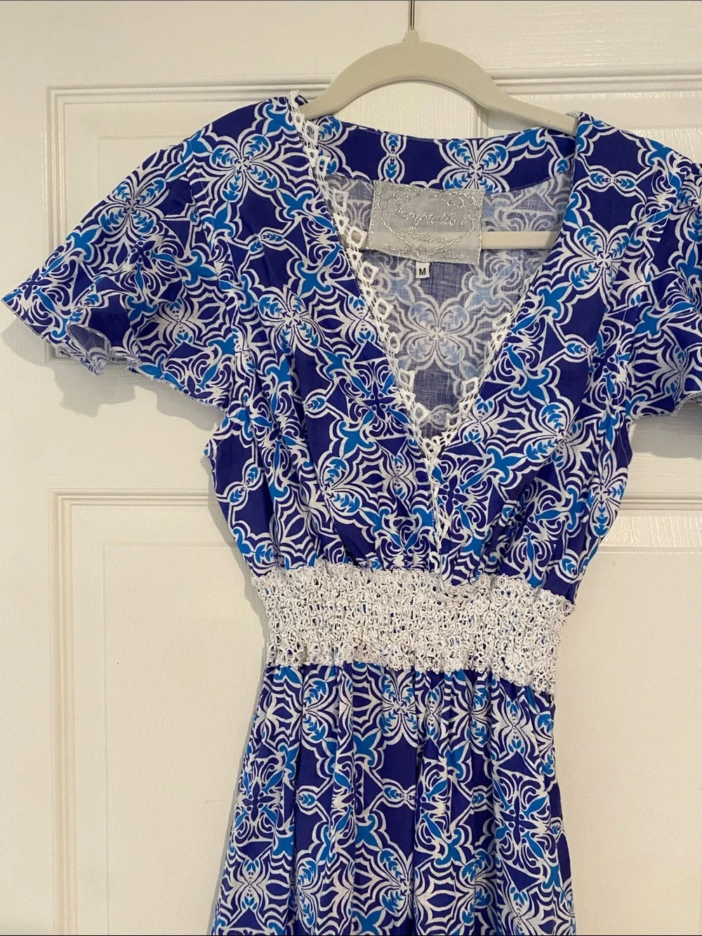 Blue Floral V-Neck Maxi Dress with Lace Trim